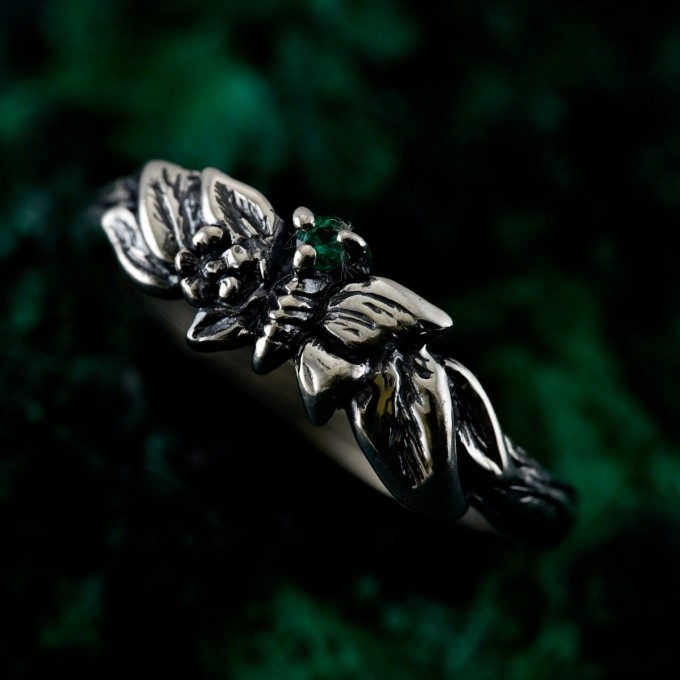 Unique Emerald Twig Engagement Ring – Sterling Silver Nature-Inspired Ring, Whimsical Butterfly Design, Artisan Crafted Jewelry