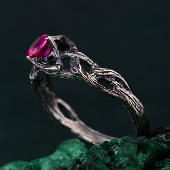 Unique Wood Ring for Women's Engagement – Silver Blue Sapphire Engagement Ring, Dainty Women's Ring