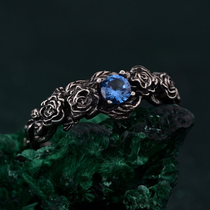 Topaz Blossom Silver Ring – Nature's Elegance Silver Ring, Floral Twig Accent Ring, Dainty Branch Delight Ring, Flower on Silver Twig Ring