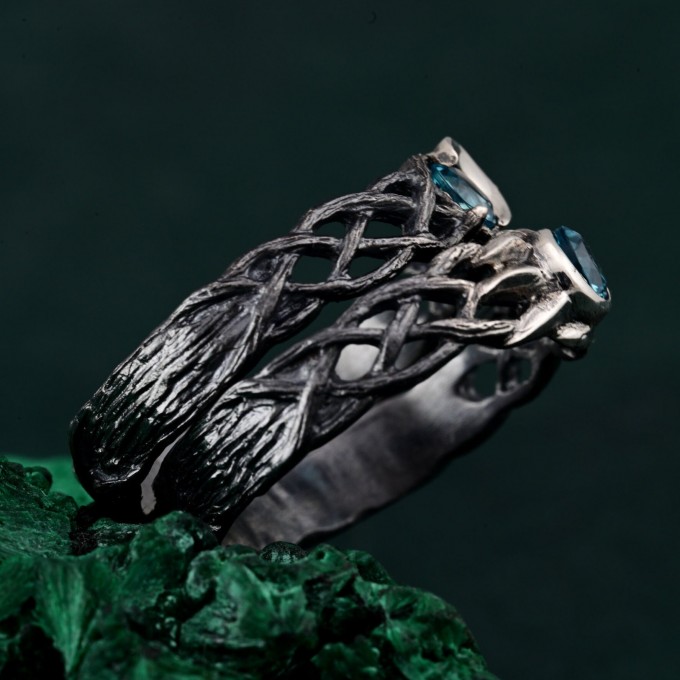 Mystical Elven Ring Set - Sun and Moon Design with Dark Silver Vine Bands