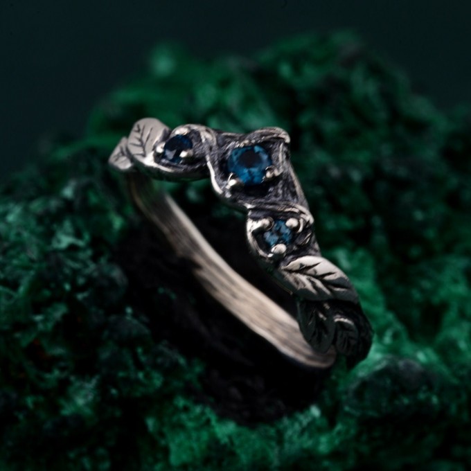 Witchy Fantasy Jewelry for Women – Chevron Wedding Band with Forest Theme, Nature-Inspired Engagement Ring