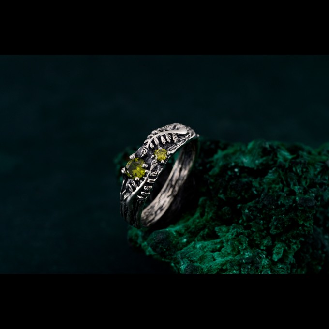 Artisan-Crafted Peridot Silver Twig Ring - Unique Woodland Engagement Band