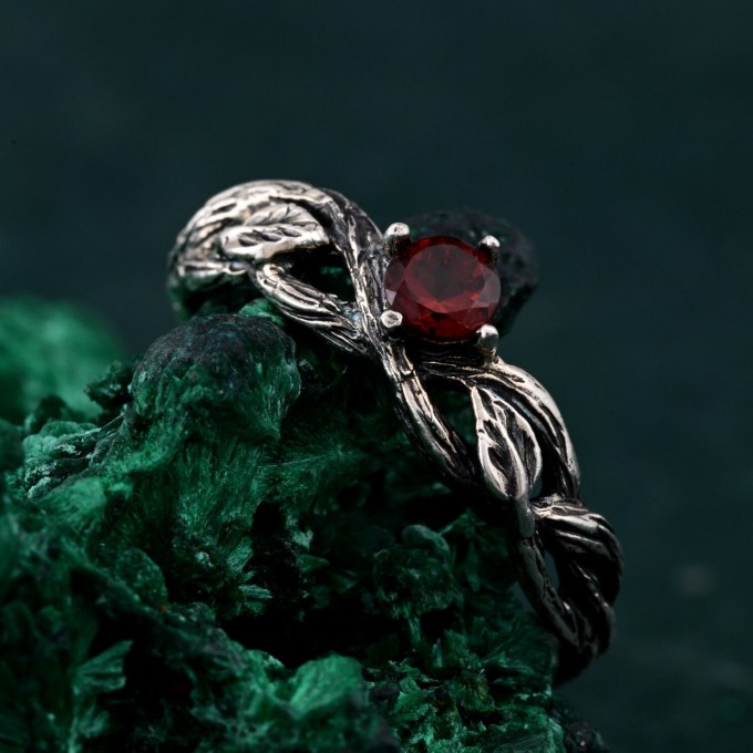 Silver Twig Branch Ring with Garnet Accent - Nature's Gemstone Adornment