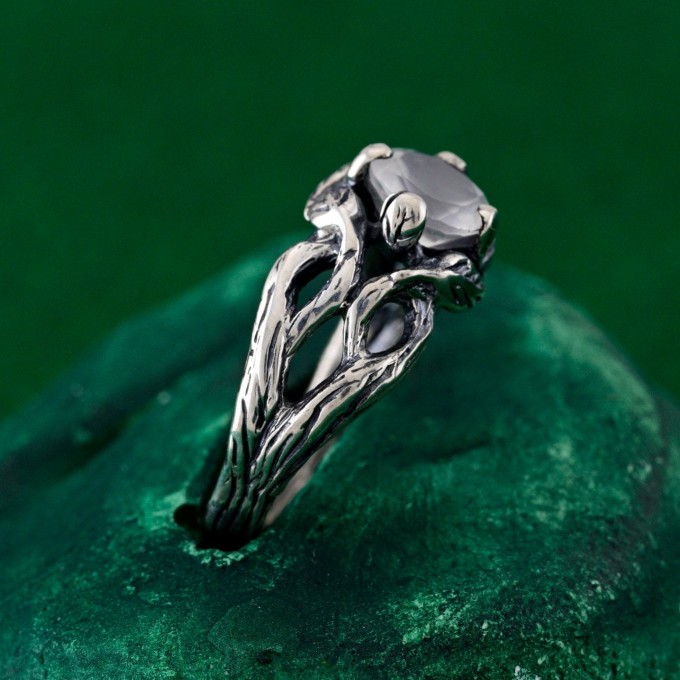 Gothic Silver Ring with Moonstone and Organic Design