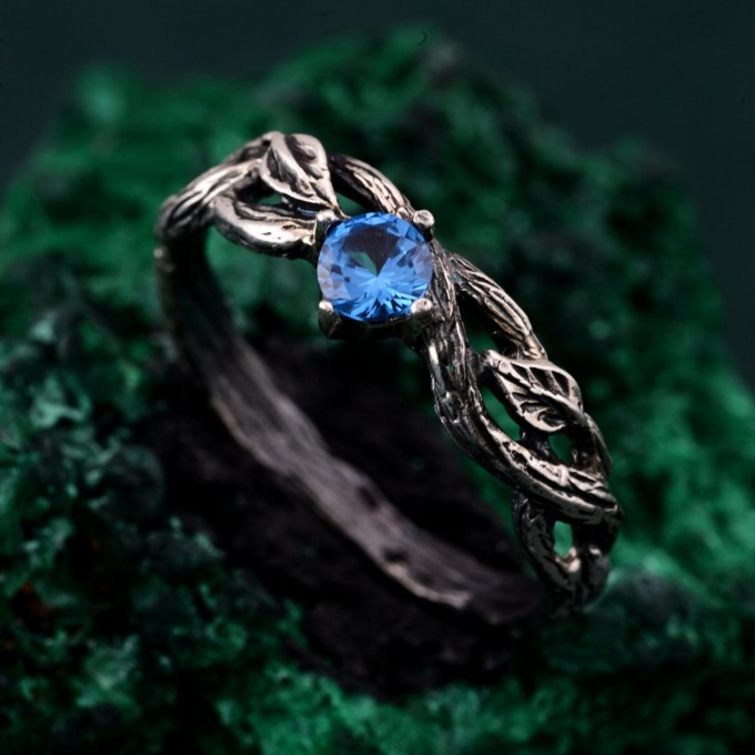 Stunning Leafy Branch with Topaz Ring – Unique Nature's Gemstone Adornment, Christmas Gift Idea