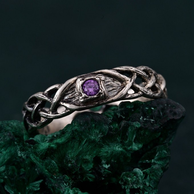 Viking Silver Celtic Ring – Wood Accented Braided Silver Tree Ring with Leaf Design, Masculine Promise Band