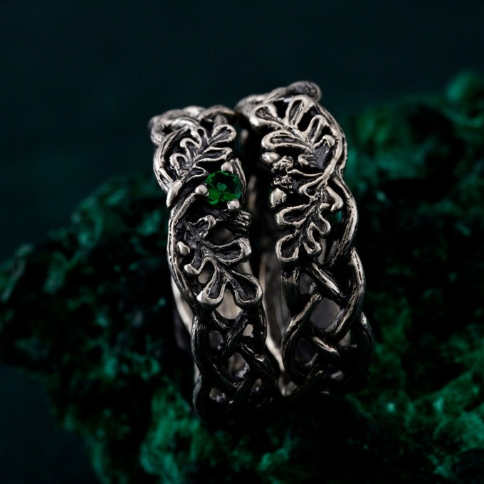 Nature's Embrace Oak & Acorn Wedding Bands