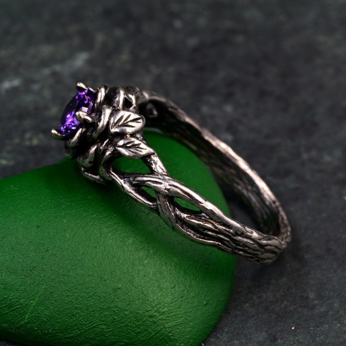 Amethyst Dewdrop Ring - Silver Leaves Embrace with Botanical Romance Design
