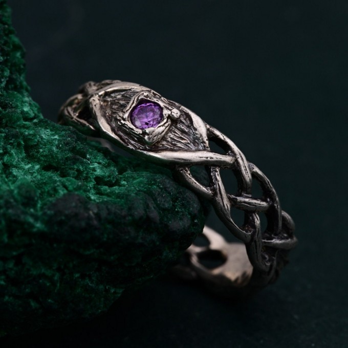 Viking Silver Celtic Ring – Wood Accented Braided Silver Tree Ring with Leaf Design, Masculine Promise Band