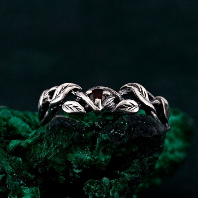 Garnet Twig Silver Ring with Dainty Branch and Petite Leaf Design