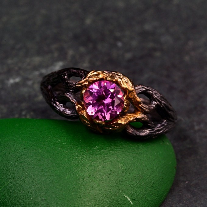 Elegant Alexandrite Wedding Ring for Women – Viking Promise Band with Artistic Leaf and Tree Motif