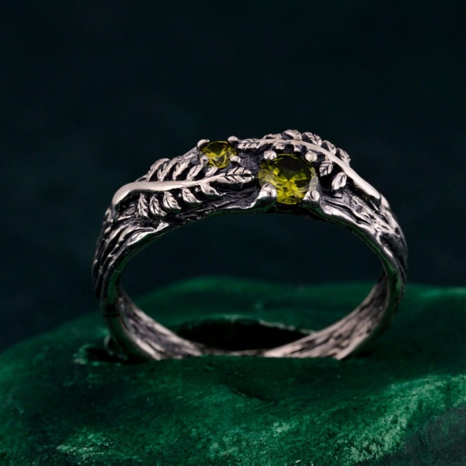 Artisan-Crafted Peridot Silver Twig Ring - Unique Woodland Engagement Band
