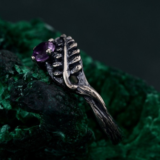 Amethyst Fern Branchlet Ring - Whispering Fern Ring with Graceful Twig and Woodland Design