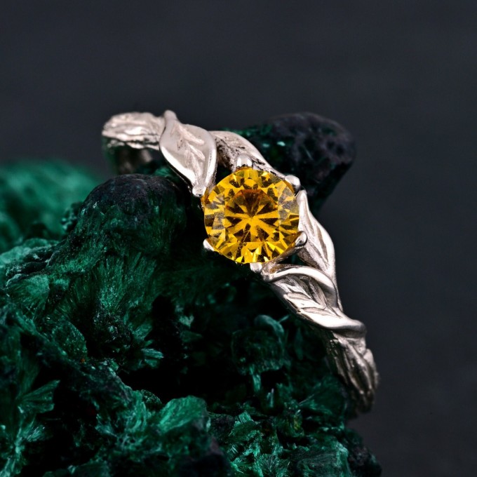 Sylvan Citrine Engagement Ring – Silver Nature-Inspired Band, Elven Leaf Design, Woodland Aesthetic Jewelry for Her