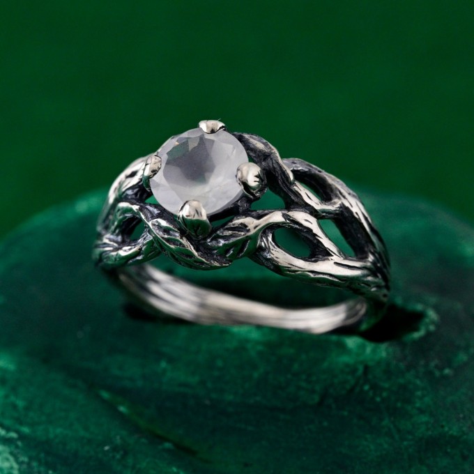 Gothic Silver Ring with Moonstone and Organic Design