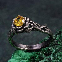 Artisan Silver Lotus Ring - Handcrafted Citrine Gemstone, Elegant Botanical Wedding Jewelry