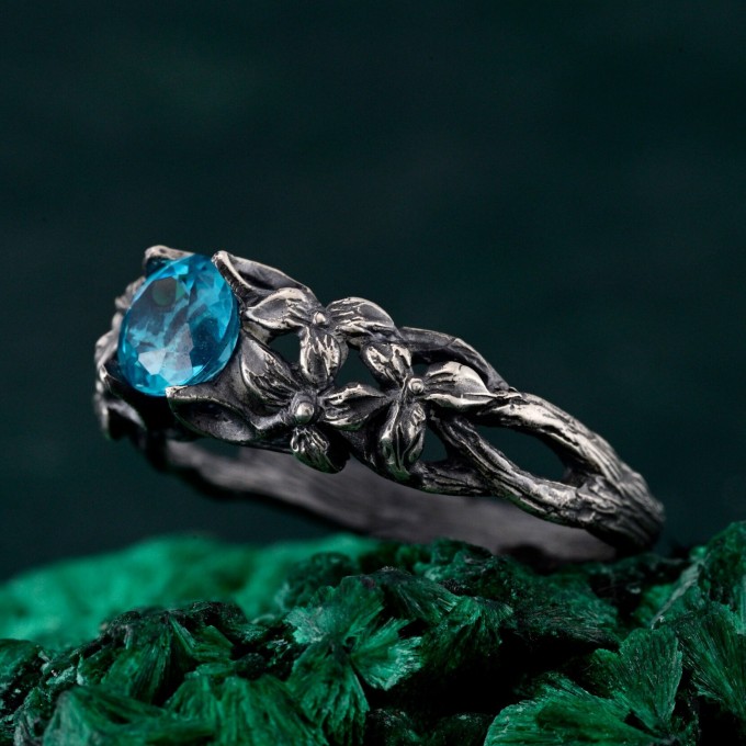 Ethereal Topaz Engagement Ring: Vintage Floral and Tree Branch Design