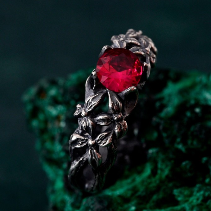 Crimson Blossom: Gothic Sterling Silver Ring with Radiant Ruby