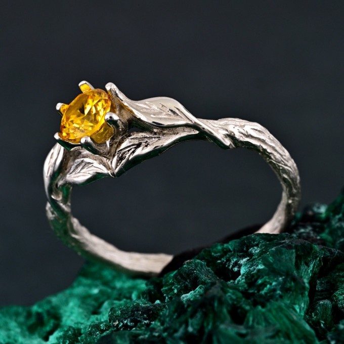 Sylvan Citrine Engagement Ring – Silver Nature-Inspired Band, Elven Leaf Design, Woodland Aesthetic Jewelry for Her