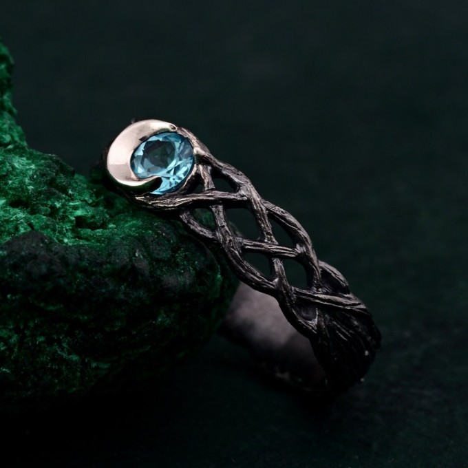 Silver Moon Topaz Ring: Mystical Celestial Blue Gemstone Band