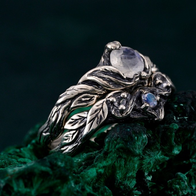 Silver Moonstone Ring Set: Nature-Inspired Leaf and Vine Design Bohemian Wedding Band