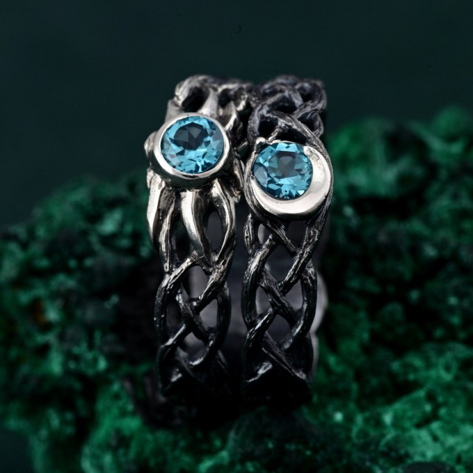 Mystical Elven Ring Set - Sun and Moon Design with Dark Silver Vine Bands