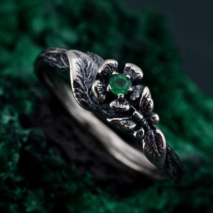Enchanted Forest Silver Ring - Elegant Garnet & Moth Twig Design