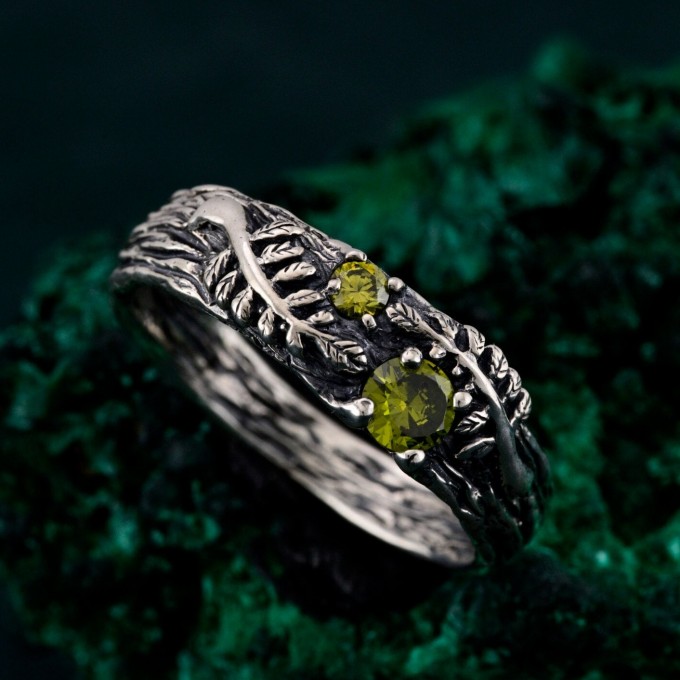 Artisan-Crafted Peridot Silver Twig Ring - Unique Woodland Engagement Band
