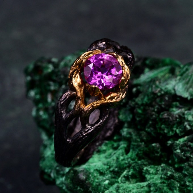 Elegant Alexandrite Wedding Ring for Women – Viking Promise Band with Artistic Leaf and Tree Motif