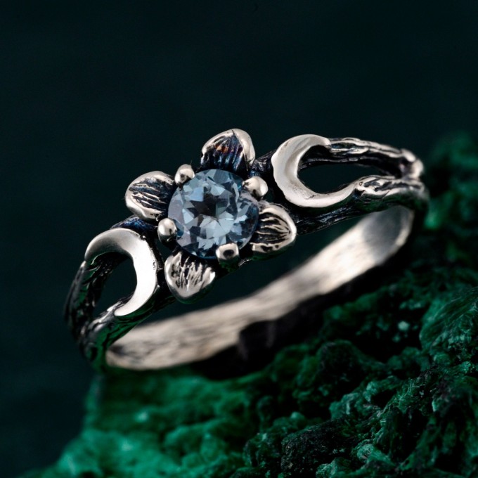 Mystic Topaz Lunar Ring - Triple Moon Goddess Silver Engagement Ring