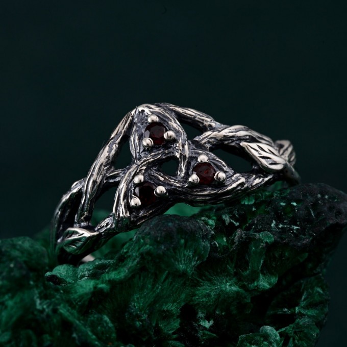 Crimson Trinity: Gothic Garnet Ring