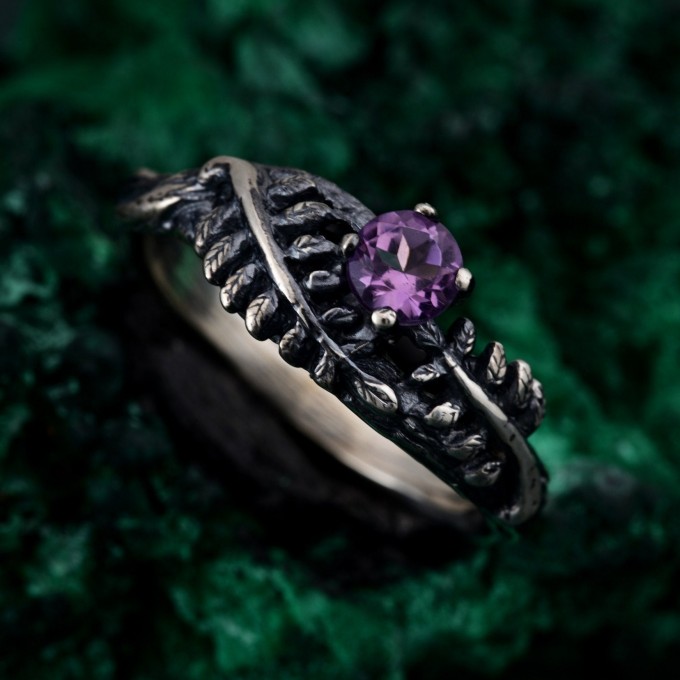 Amethyst Fern Branchlet Ring - Graceful Twig and Fern Woodland Band