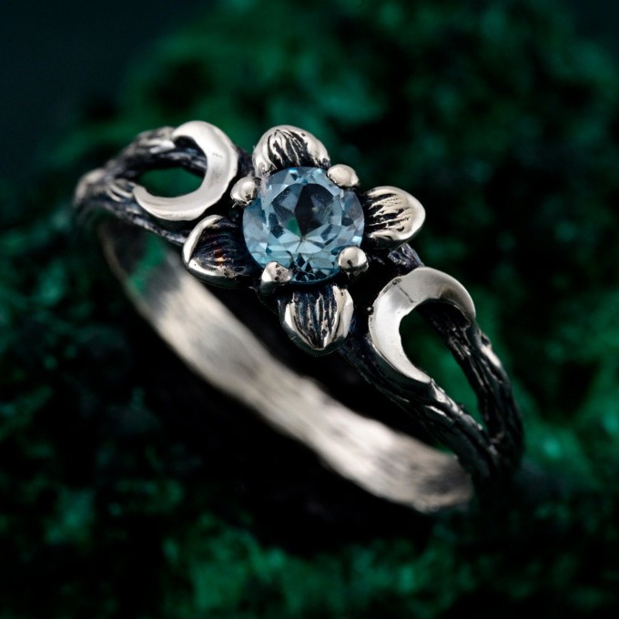 Mystic Topaz Lunar Ring - Triple Moon Goddess Silver Engagement Ring