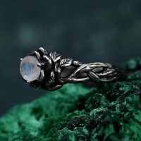 Bohemian Moonstone Lotus Ring - Artisanal Sterling Silver with Whimsical Forest Detail, Unique Botanical Ring
