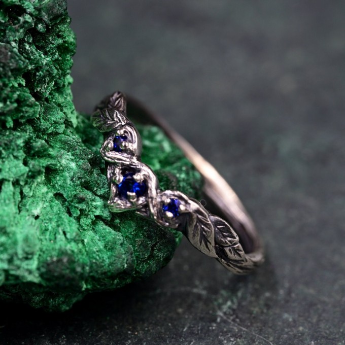 Whispers of Twilight: Gothic Leaf Sapphire Ring