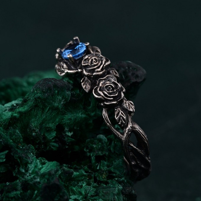 Topaz Blossom Silver Ring – Nature's Elegance Silver Ring, Floral Twig Accent Ring, Dainty Branch Delight Ring, Flower on Silver Twig Ring