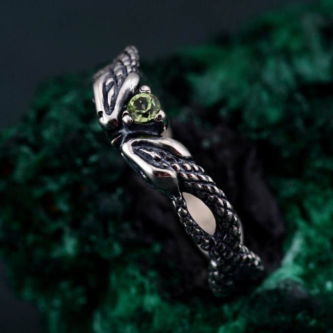 Emerald Coil: Gothic Snake Ring with Peridot