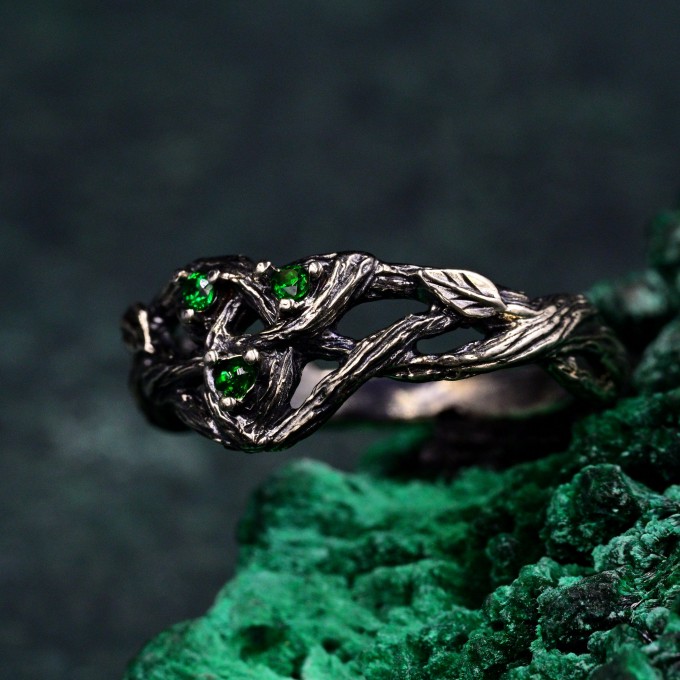 Enchanted Forest Silver Ring with Mystical Iridescent Jewel