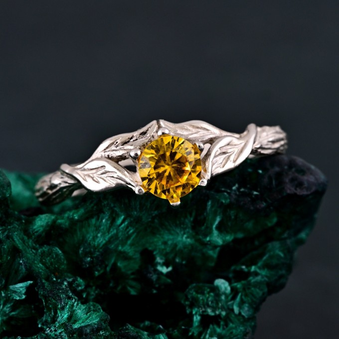 Sylvan Citrine Engagement Ring – Silver Nature-Inspired Band, Elven Leaf Design, Woodland Aesthetic Jewelry for Her