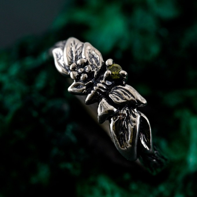 Enchanted Forest Peridot Twig Ring with Unique Butterfly Design