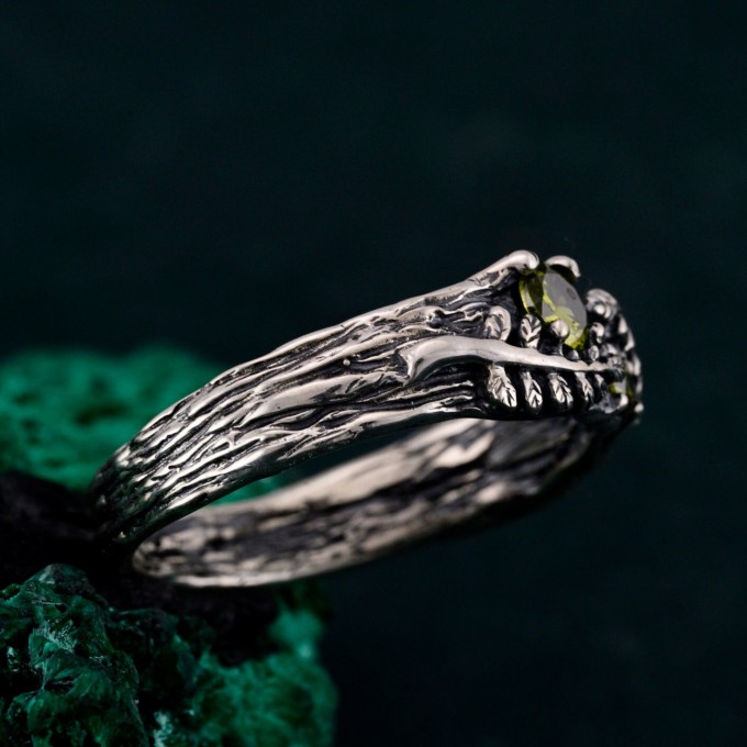 Artisan-Crafted Peridot Silver Twig Ring - Unique Woodland Engagement Band