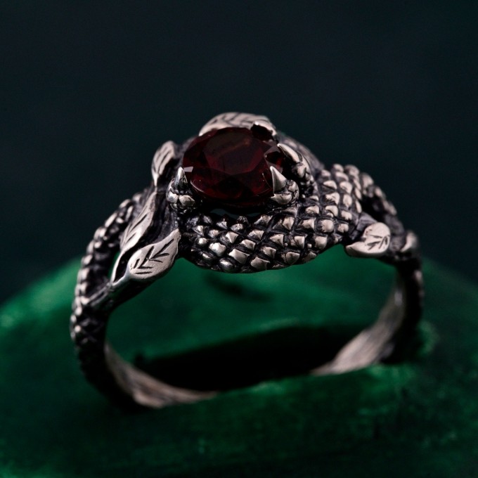 Garnet Serpent Ring with Vintage Dragon Scale Design