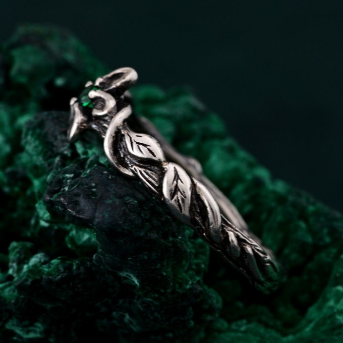 Emerald Blossom Silver Ring with Nature Motif