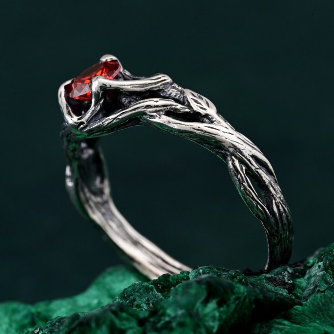 Unique Ring for Women's Engagement – Silver Nature-Inspired Design, Garnet Branch Ring, Perfect Gift for Her