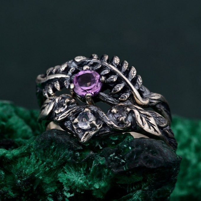 Mystical Amethyst Tree Ring - Enchanted Forest Handcrafted Leafy Silver Engagement Ring