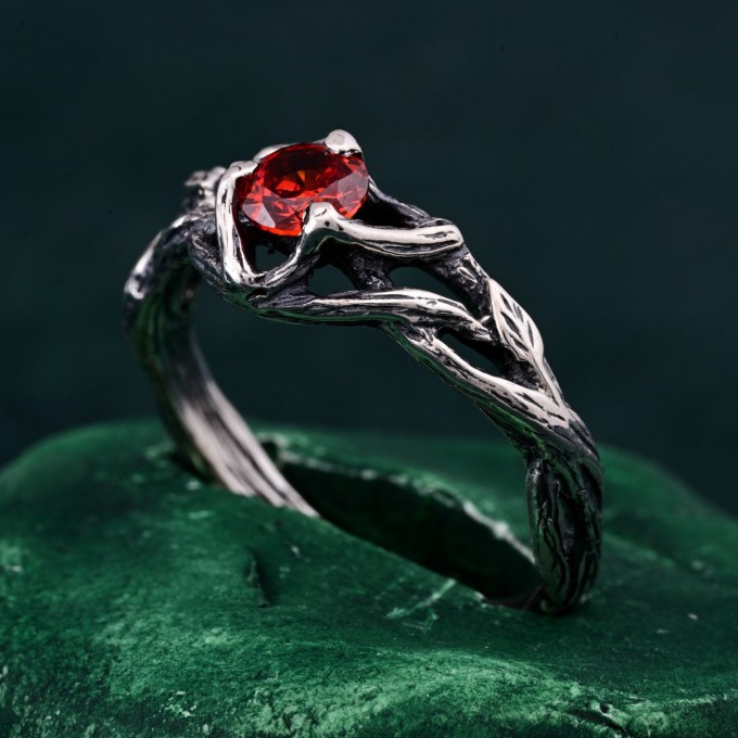 Unique Ring for Women's Engagement – Silver Nature-Inspired Design, Garnet Branch Ring, Perfect Gift for Her