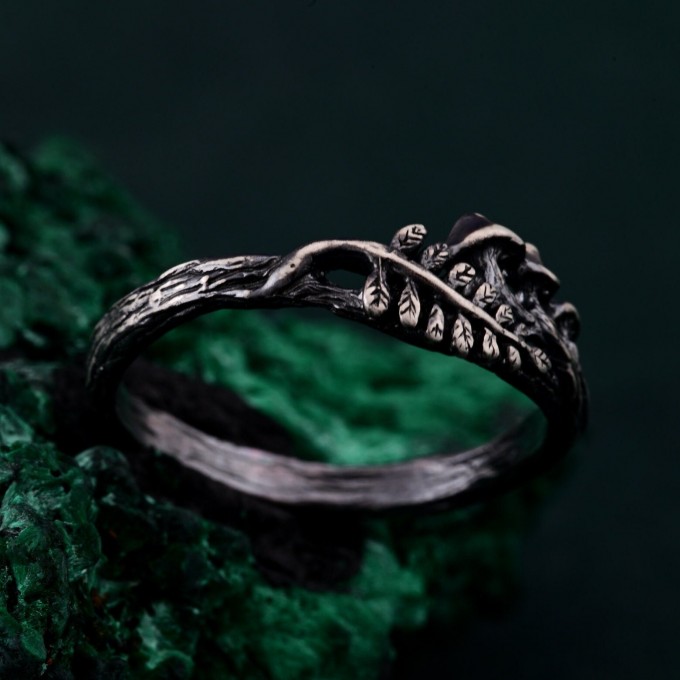 Unique Ring with Mushrooms - Unisex Gothic Wedding Band