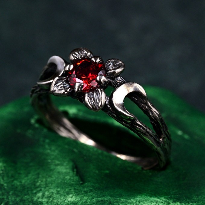 Celestial Crescent Engagement Ring – Lunar Trinity Garnet Ring, Mystic Silver Moon Trio, Triple Goddess Garnet Ring