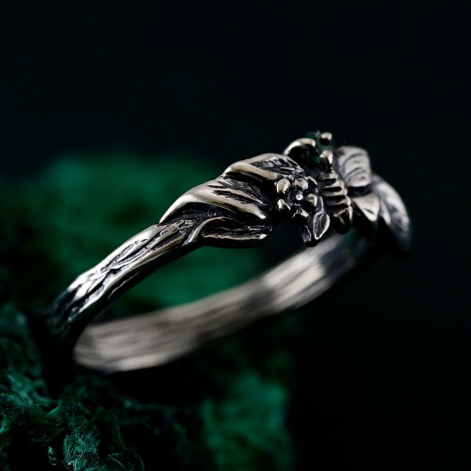 Unique Emerald Twig Engagement Ring – Sterling Silver Nature-Inspired Ring, Whimsical Butterfly Design, Artisan Crafted Jewelry