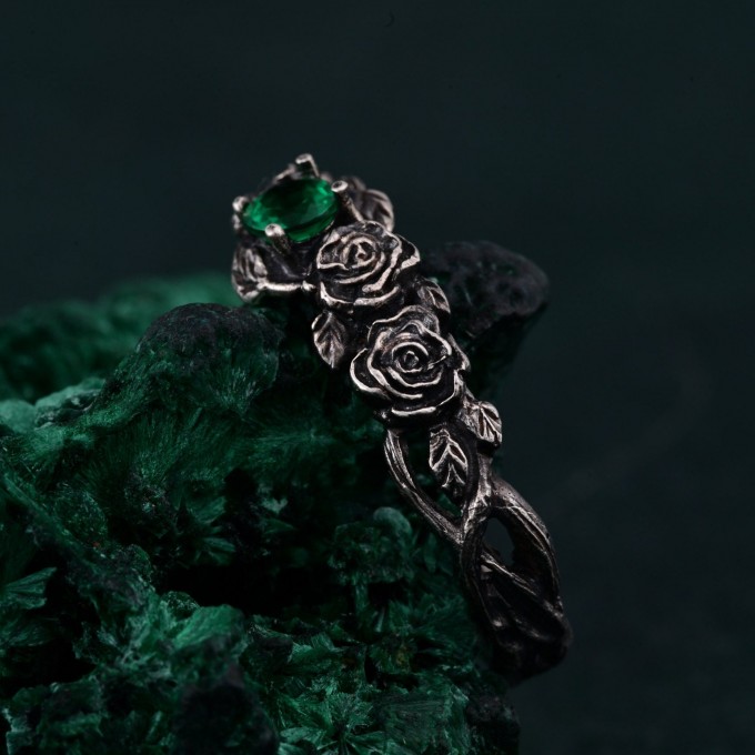 Emerald Blossom Silver Elegance – Dainty Floral Twig Accent Ring, Nature's Elegant Silver Bloom with Flower on Silver Twig